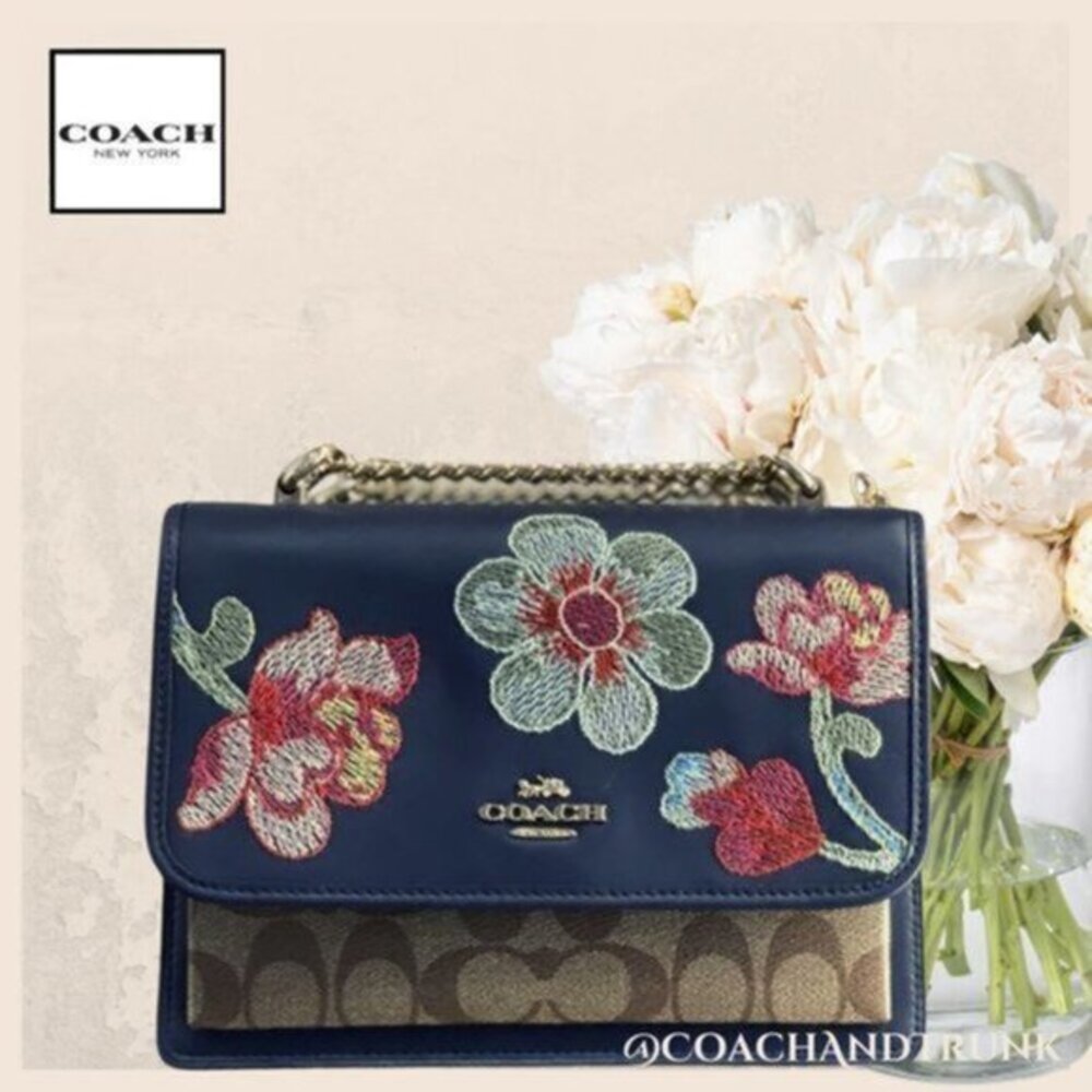 COACH Embroidered Navy Leather Dreamy‎ Floral Klare Gold Accents & Strap NWT